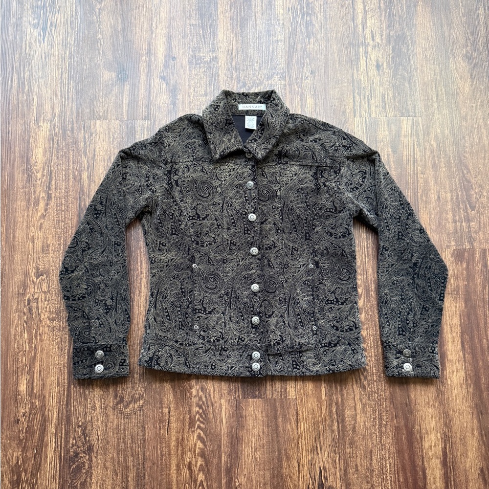 Women’s Hannah Black and Brown Paisley Button Up Retro Corduroy Jacket - Size S